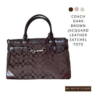 Coach Dark Brown Large Hampton Carryall Jacquard Logo Satchel